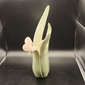 Fitz and Floyd Pink Butterfly on Green Leaves Vase